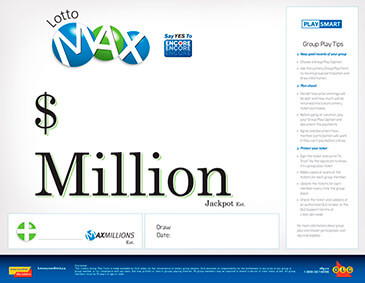 图片左上方有LOTTO MAX的标识，其旁边是ENCORE的标识。图片中部写着一个$符号，下面写着“Million Jackpot”。在其下方有两个方框，需要填写相关内容。图片的右侧有一个长方形的框，里边写着“Group Play Tips”的相关内容。图片最下方是OLG品牌的相关内容。