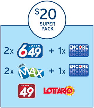 在一个浅蓝色的方框上方,有一个圆圈,圈内有三行字,分别显示着“$20”,“SUPER”及“PACK”。在浅蓝色的方框内有三行内容,分别显示着“2 x LOTTO 649的标识 + 1 x ENCORE的标识”、“2 x LOTTO MAX的标识 + 1 x ENCORE的标识”、ONTARIO 49 的标识和LOTTARIO的标识。