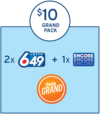 在一个浅蓝色的方框上方,有一个圆圈,圈内有三行字,分别显示着“$10”,“GRAND”及“PACK”。在浅蓝色的方框内,有两行内容,分别显示着“2 x LOTTO 649的标识 + 1 x ENCORE的标识”及“Daily GRAND的标识”。