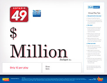 圖片左上方有ONTARIO 49的標識，其旁邊是ENCORE的標識。圖片中部寫著一個$符號，下面寫著「Million Jackpot」。在其下方有兩個方框，需要填寫相關内容。圖片的右側有一個長方形的框，裡邊寫著「Group Play Tips」的相關內容。圖片最下方是OLG品牌的相關內容。