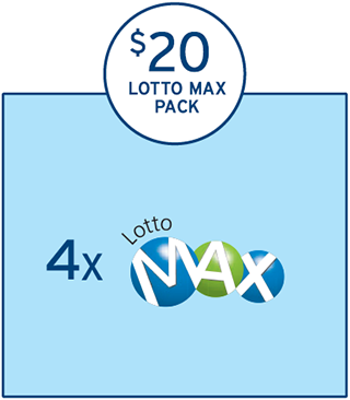 在一个浅蓝色的方框上方,有一个圆圈,圈内有三行字,分别显示着“$20”,“LOTTO MAX”及“PACK”。在浅蓝色的方框内有一行内容,显示着“4 x LOTTO MAX的标识”。